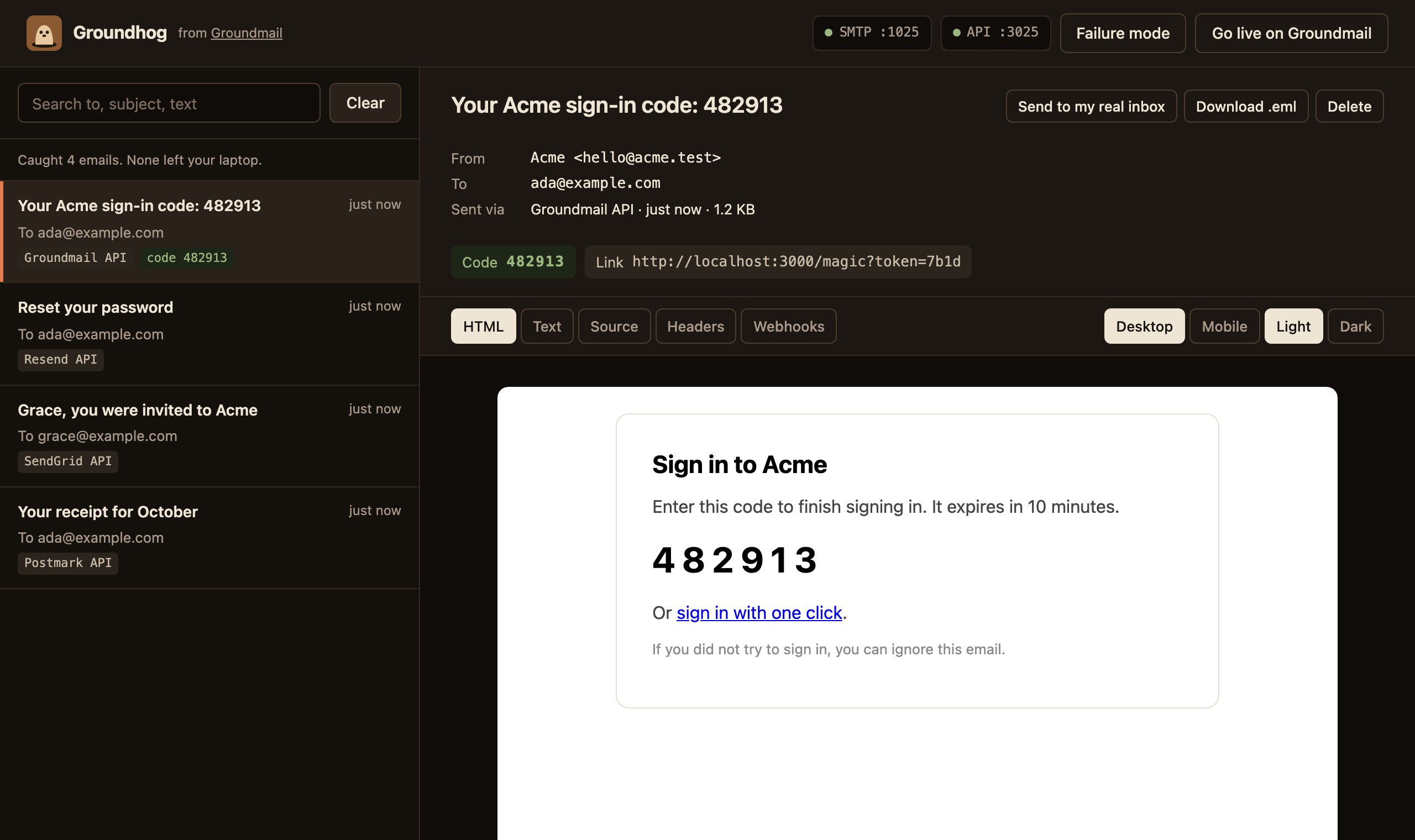 The Groundhog inbox showing four caught emails sent through the Groundmail, Resend, SendGrid and Postmark APIs, with a sign-in code email open and its code and link pulled out