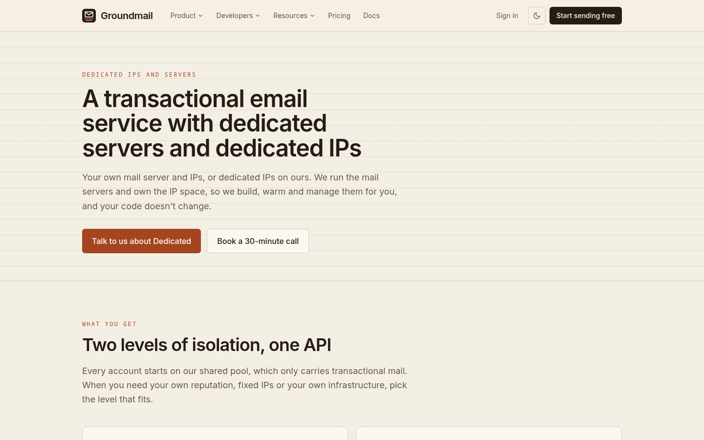Groundmail's dedicated sending page: dedicated IPs and dedicated servers